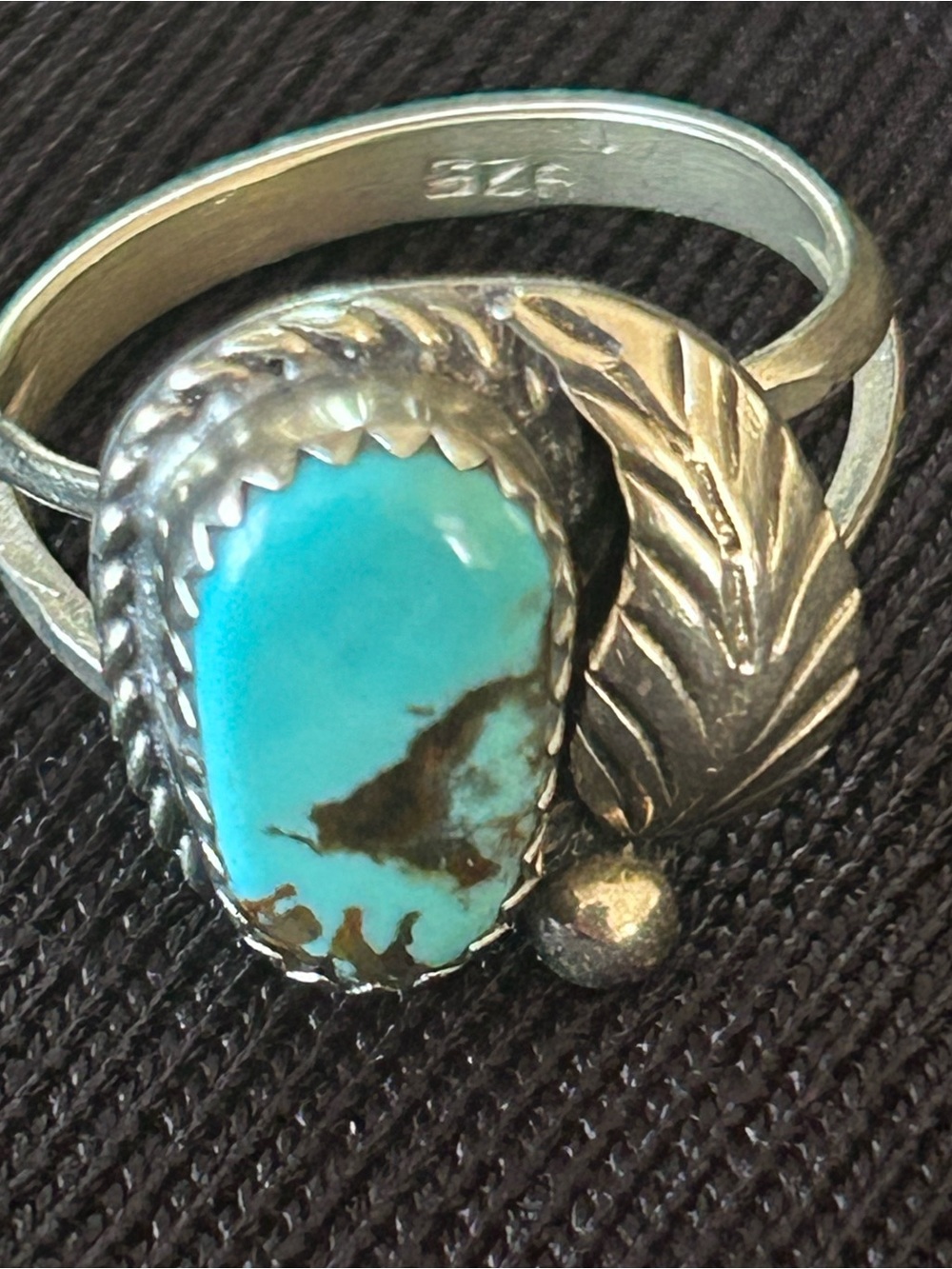 Vintage 925 Sterling Silver Southwestern Turquoise Leaf Ring Size 7.5